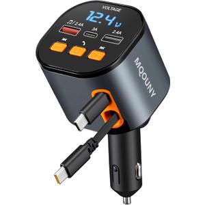 Retractable Car Charger,5 in 1 Fast Car Phone Charger 90W,Bluetooth 5.3 FM Transmitter Adapter,Handsfree Call,2 Retractable USB-C Cables and USB Cars Chargers for iPhone 16/15/14/13/12/11,Galaxy,Pixel
