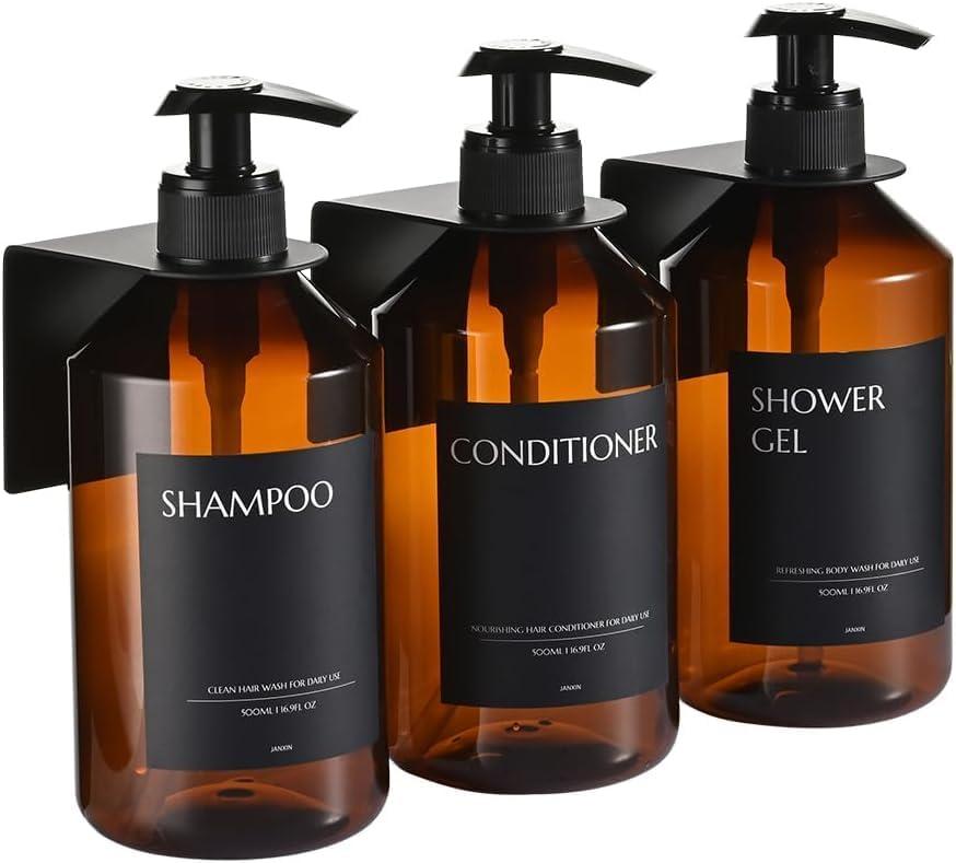 Shampoo and Conditioner Dispenser Set of 3 for Wall Mount,16.9 fl oz Drill Free Shower Soap Bottles with Labels,Refillable Body Wash Dispensers for Bathroom Decor (Amber Bottles + Black Pumps)