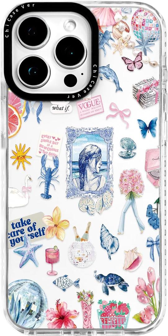 for iPhone 14 Pro Case, Ocean Self-Care Collage Pattern with Sea Creatures, Military-Grade Drop Protection, Aesthetic Soft Slim TPU Protective & Camera Protection for Women Girls (BlueSummerCut)