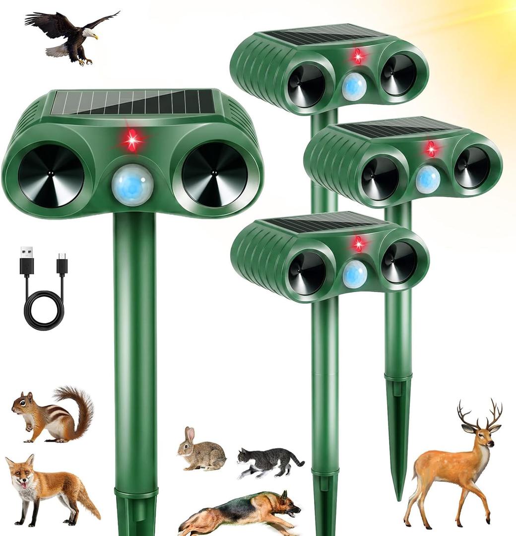 4PCS 2026 Upgraded Ultrasonic Solar Animal Repellent Outdoor,USB-C Charging and Wall-Mounting Capability with Motion Activated,for Deer Cat Squirrel Raccoon Rabbit Dog Garden Yard