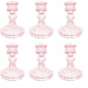 Glass Candlestick Holder,Striped Taper Candle Holders,Set of 6 Candle Stand for Table Centerpieces, Home Decor,Weddings,Festival and Parties (Pink Stripe Pattern)