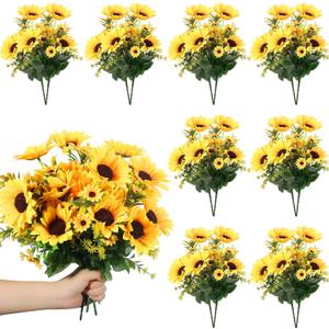 Jexine 16 Packs Artificial Sunflower Bouquets Decorations with Stems Silk Sunflowers Fake Yellow Flowers Faux Floral Arrangement for Wedding Vase Baby Shower Home Bridal Indoor Outdoor Decor