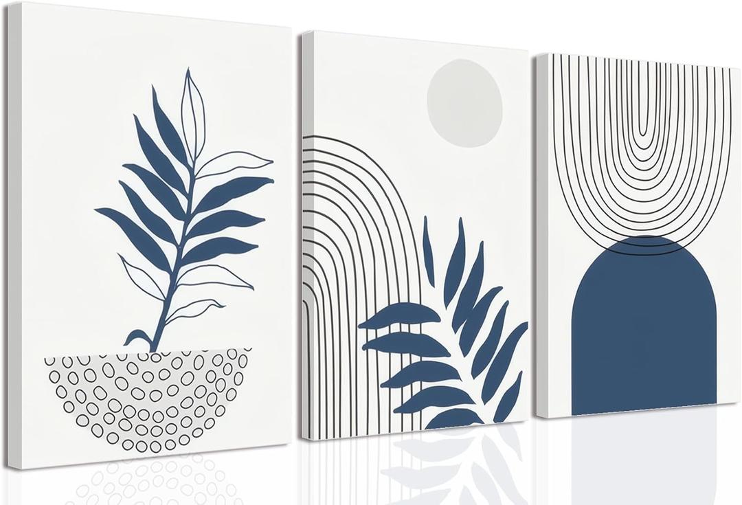 Navy Blue Boho Canvas Wall Art Set of 3 Abstract Bohemian Poster Wall Decor Minimalist Mid-Century Modern Picture Print Geometric Botanical Lines Painting for Bedroom Office Bathroom 12x16in Framed (16L"x12W")