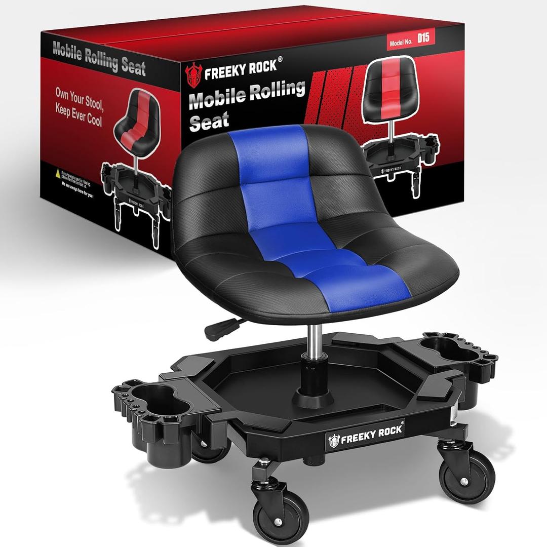 Rolling Stool with Wheels, Adjustable Height Pneumatic Garage Work Mechanic Stool Seat with Backrest, 400 LBS Capacity 360 Swivel Mechanic Crepper Chair with Tool Tray Storage, Blue (Carbon Fiber Blue)
