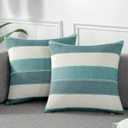 AmHoo Pack of 2 Farmhouse Stripe Check Throw Pillow Covers Set Case Cotton Linen Decorative Pillowcases Cushion Cover for Couch Bench Sofa 16x16Inch Teal Blue
