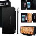 Trifold Wallet Case for Google Pixel 8 5G with Detachable Magnetic Flip Purse Wrist Strap Card Holder, Luxury PU Leather Stand Accessories Cell Phone Cover for Pixel8 Eight Women Men Black