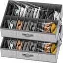 Lifewit Under Bed Shoe Storage Organizer Set of 2, 4.3 Inches Tall Low Profile Fabric Shoes Container Box with Clear Cover, Foldable Storage Bag with 2 Handles, Total Fits 24 Pairs of Shoes, Black