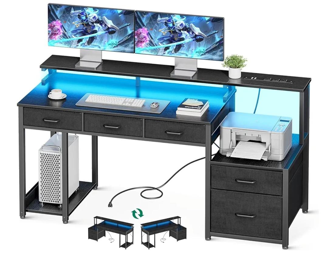 AODK 55 Inch Computer Desk with 3 Drawers and File Cabinet for Storage, Office Desk with Monitor Stand and LED Lights, Home Office Desks, Black