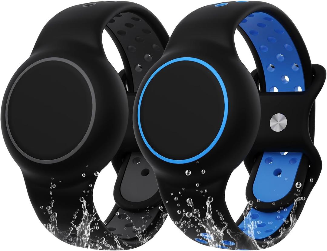 Waterproof Bracelet Compatible with AirTag for Kids (2 Pack), Protective Case GPS Tracker Holder for Child with Full Coverage Hidden Design, Soft Silicone Anti-Lost Wristband Cover for Toddler BBBG (Black Blue+Black Dark Grey)