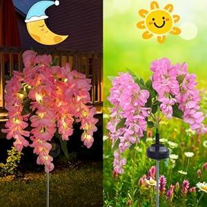 2Pack Artificial Fall Wisteria Solar Powered Lights Flowers Bed Outdoor Waterproof for Grave Cemetery Outside Table Floral Arrangement Halloween Pathway Sidewalk Garden Gift Decoration Pink