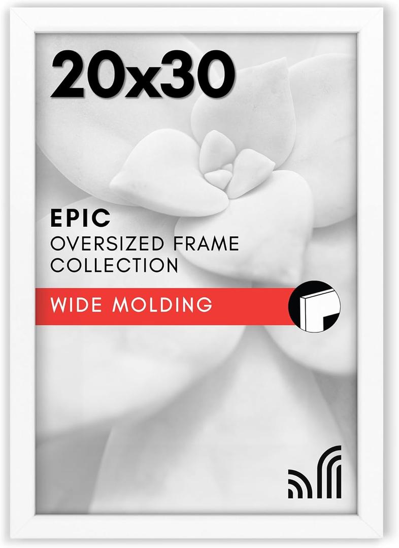 Americanflat 20x30 Poster Frame with Polished Plexiglass - White Picture Frame - Wide Photo Frames Made of Engineered Wood for Vertical or Horizontal Wall Display - Epic Collection - White