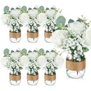 43 Pcs/ 6 Set Rose Mason Jar Table Centerpiece Mason Jar Vases Faux Floral with Rope Boho Rustic Flower Table Decoration for Reception Engagement Party Bridal Shower Wedding