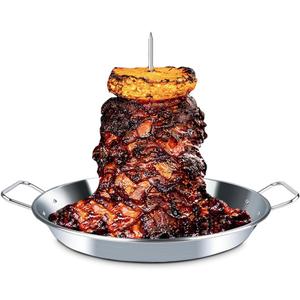 BBQ Vertical Skewer Al Pastor for Grill-Vertical Spit with 13" Base Pan for Tacos Al Pastor, Vertical Rotisserie Shawarma-Grilling Accessory with 3 Spikes (8",10" and 12")