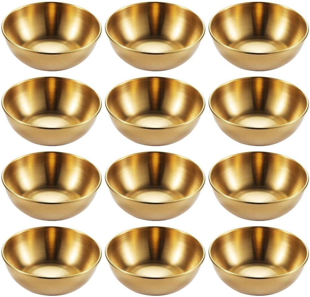 12 Pack Stainless Steel Sauce Dishes, Gold Mini Saucers Bowl Round Seasoning Dishes Sushi Dipping Bowl Appetizer Plates, 3.15inch