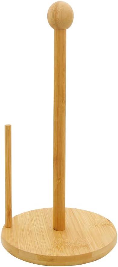 Rustic Bamboo Paper Towel Holder, Standing Paper Towel Organizer Roll Dispenser Paper Hanger Rack for Kitchen Countertop & Dining Table (Upgrade-Round)