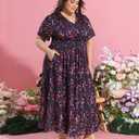 CARCOS Plus Size Dresses for Curvy Women V Neck Summer Maxi Dress Short Sleeve Floral Boho Dress Smocked Waist Beach Dress (Blue, 5XL)