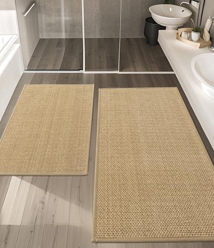 YIHOUSE Bathroom Rugs Sets 2 Pieces, Beige Ultra Thin Bath Mats Fit Under Door, Absorbent Quickly Dry Rubber Backing Braided Bath Mat Set, Non Slip Washable Bath Rugs for Bathroom Floor, Beige