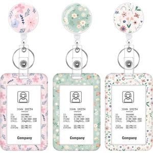 3 Set Floral Pattern ID Badge Holder with Retractable Reel, Retractable ID Badge Holders with Clip Name Badge Holders for Teacher Nurse Doctor Student Office Workers (Small Flower)