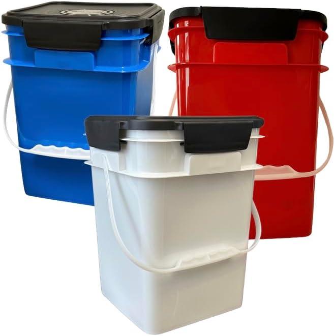 House Naturals 4 Gallon Square Food grade Bucket pail with plastic handles and Lid (Pack of 3) Made in USA containers (Blue/Red/White) (Blue/Red/White)