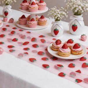 5 Pcs 29x70 Inch Strawberry Table Runner Pink Tulle Tablecloth Sheer Lace Table Cloth for Party Decorations Birthday Wedding Bridal Shower Party Home Kitchen Table Decor
