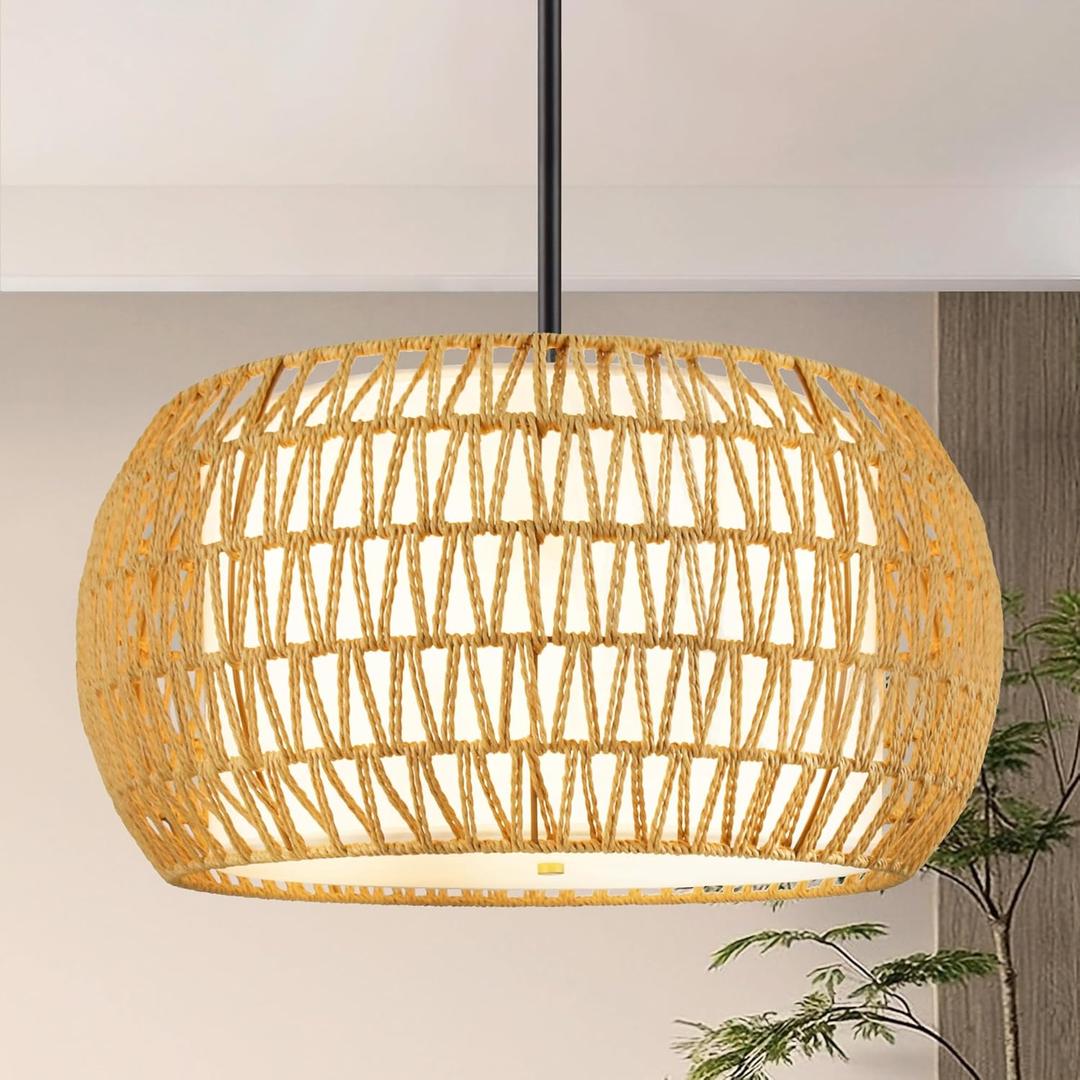 19 Inch Farmhouse Rattan Chandelier, 5-Light Adjustable Height Pendant Light with Fabric Shade, Hand Woven Boho Chandeliers for Dining Room, Kitchen Island, Living Room, Entryway, Foyer, ETL