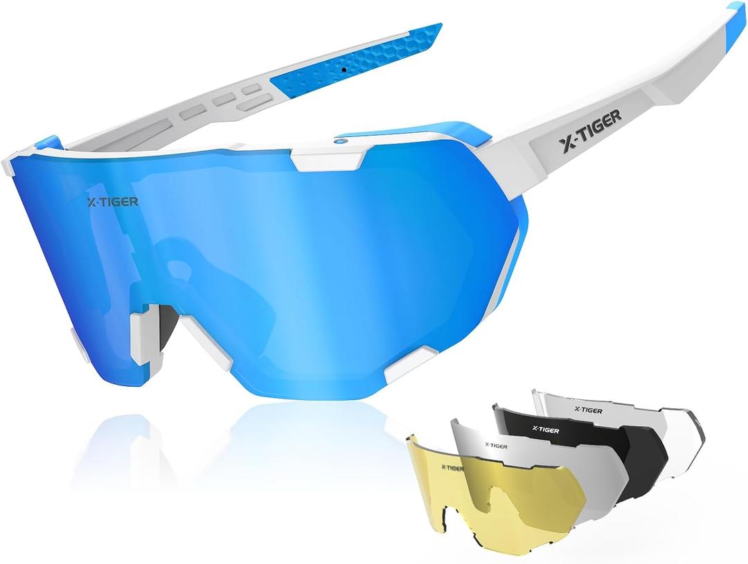X-TIGER Polarized Cycling Glasses Men Women 5 Interchangeable Lenes UV400 Sports Sunglasses Baseball Running Fishing (White&Blue-5 Lens)