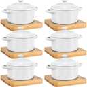Mimorou 6 Set Only4oz Ceramic Mini Cocotte Set with Lid and Wooden Base Pumpkin Bowl Set with Handle Ceramic Soup Bowls Baking Ramekins Round Casserole for Home Thanksgiving Pumpkin Dish(White)