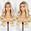Blonde Lace Front Wig 13x4 Pre Plucked Synthetic Wig for Women Highlight Ombre blonde Natural Looking Body Wave with Dark Roots 22 Inch for Cosplay Daily Party Use