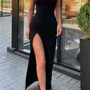 PRIMODA Women's Spaghetti Strap Bodycon Maxi Dress Long Formal Thigh-high Slit Club Wedding Guest Dress (Black, S)