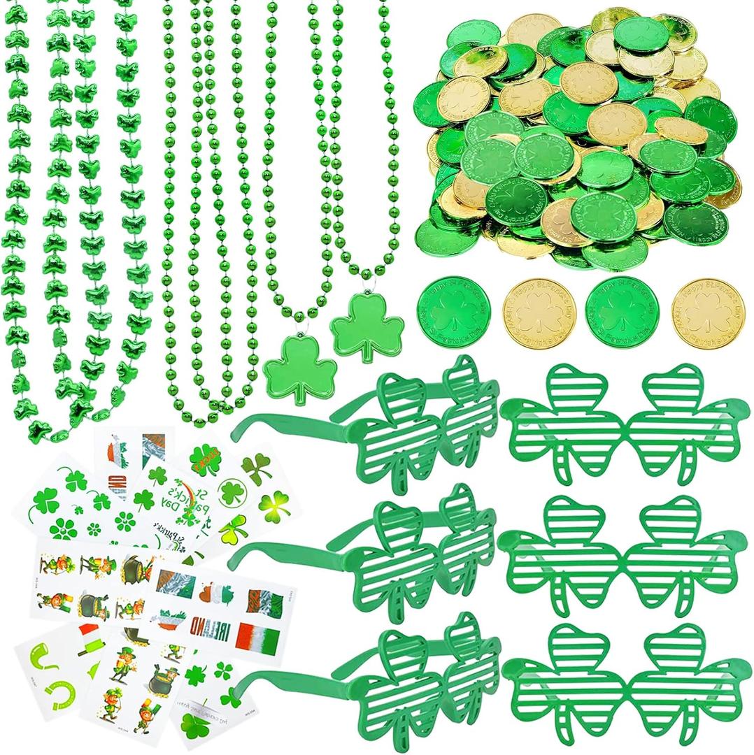 Labrostar 132Pcs St. Patricks Day Accessories Party Favors Shamrock Glasses Necklaces Green Gold Coins Tattoos for Irish St Patrick's Day Decorations Supplies