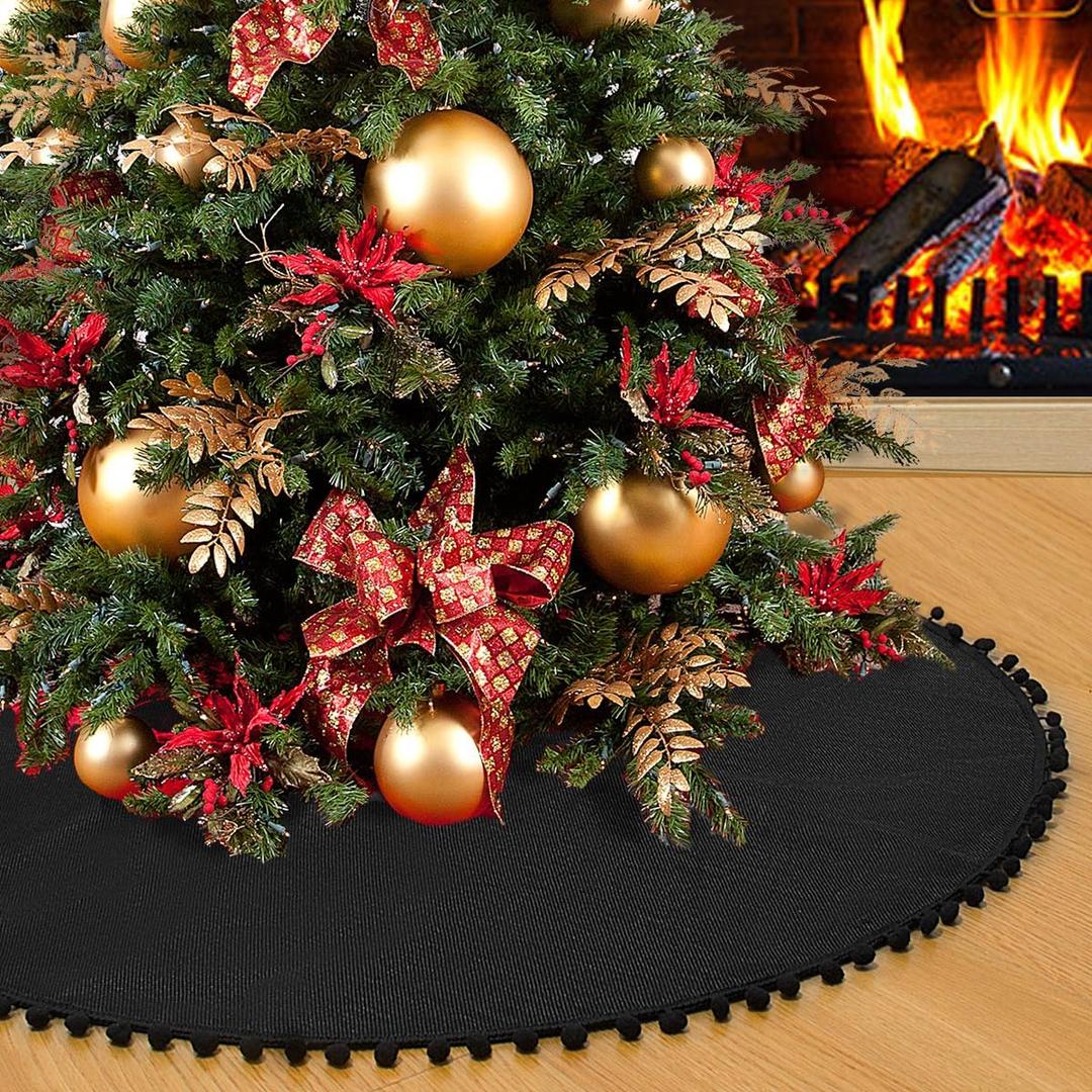 SevenFish Christmas Tree Skirt, Black Christmas Tree Skirt 36 inches Soft Double Layer Burlap Tree Skirt with Pom Pom for Rustic Christmas Halloween Decorations