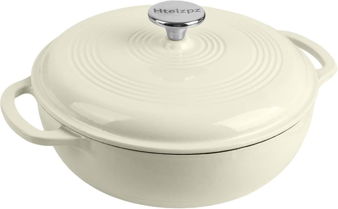 Enameled Cast Iron Dutch Oven Pot with Lid, 3 Quart Shallow Dutch Oven, Oven Safe up to 500 F, Suitable for Bread Baking, Braising, Roasting, Stews, White