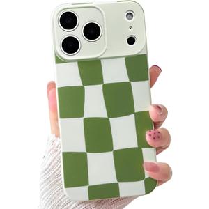 NITITOP Compatible for iPhone 17 Pro Case Cute Aesthetic Checkerboard Larger Blocks Pattern for Women Girl Trendy Slim Fit TPU Silicone Shockproof Full Camera Protection Cover - Green