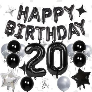 32 Inch 20 Balloon Number, Happy Birthday Balloons Banner 16 Inch Foil Letters Balloon Silver and Black Star Balloons for 20th Birthday Decorations for Boys Black Party Decorations