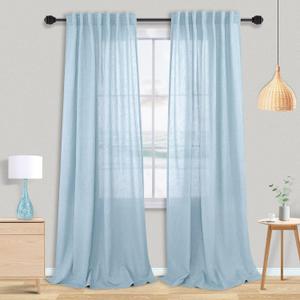 Mrs.Naturall Light Blue Curtains for Bedroom,Back Tab Baby Sky Blue Semi Sheer Flax Linen Curtain Drapes 84 Inches Long for Nursery Living Room 2 Panels Set Summer Decor