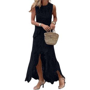 CHARTOU Women Two Pieces Skirt Sets Summer Cut Out Hi-Low Crochet Knit Long Dresses (Black, XS)