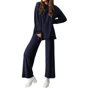 PRETTYGARDEN Womens 2 Piece Outfits Crewneck Long Sleeve Pullover Tops Wide Leg Long Pants Casual Lounge Set Travel Tracksuit (X-Large, Navy)