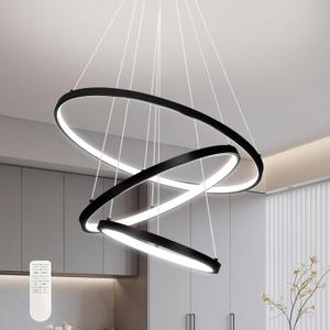 Modern Black Led Chandelier 3 Rings Black Dimmable LED Chandeliers Light Fixture for Kitchen Island Height Adjustable Chandelier Led Pendant Light for Dining Room Bedroom Living Room, 3-Ring 19.7"