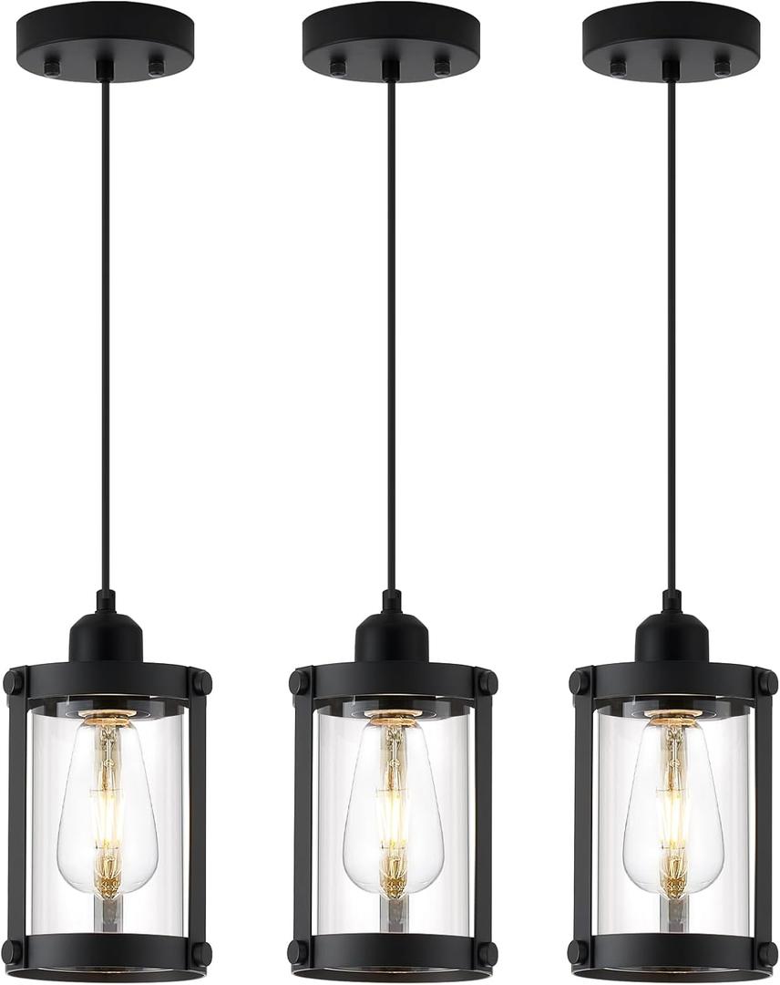 Black Pendant Lights Kitchen Island 3 Pack, Modern Kitchen Pendant Lighting Over Island with Clear Glass, Farmhouse Mini Hanging Light for Sink Dining Room, OS-3014-3PBKC