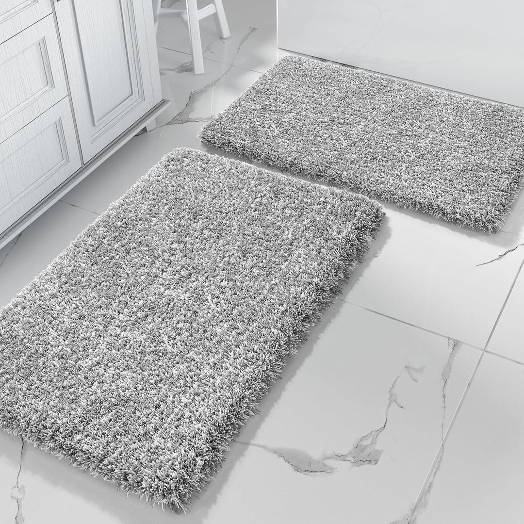 Yimobra Bathroom Rug Set 2 Piece, Soft Absorbent Microfiber Bath Mat Set, Non Slip Machine Washable Dry, Plush Shaggy Shower Rugs for Bathroom Floor, 32"x20"+24"x17", Light Gray and White