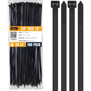 3 x ALBO Black Zip Ties 12 Inch Long Zip Ties Plastic Cable Ties Thick 0.19 Inch 100 Pack Tie Wraps Heavy Duty 50lb UV Resistant Nylon Wire Ties for Indoor and Outdoor