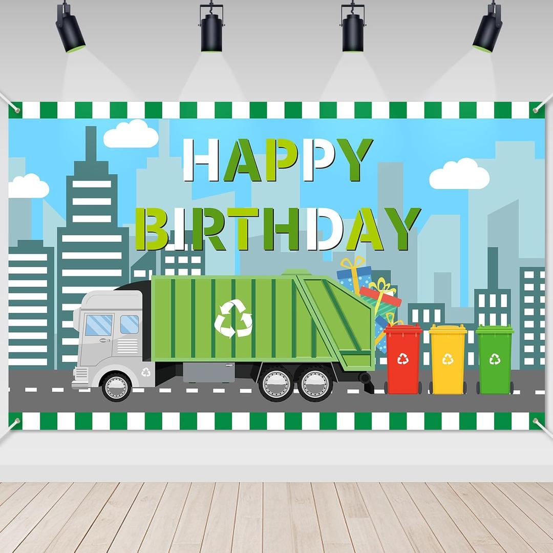 Avezano Garbage Truck Birthday Backdrop for Kids Trash Truck Birthday Party Supplies Green Environmental Theme Happy Bday Decorations Banner 70.8 x 43.3 Inch