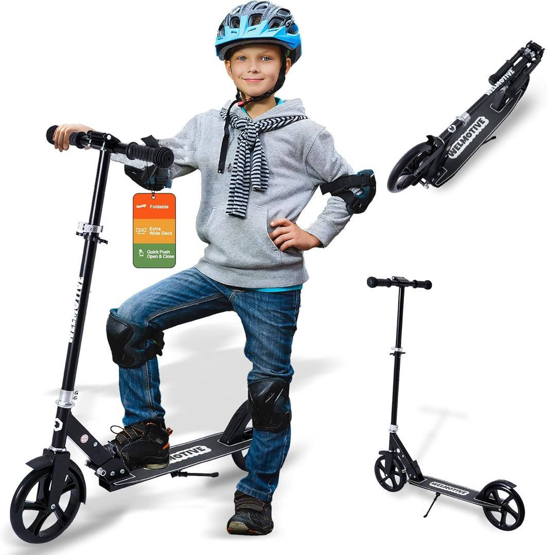 Kick Scooter for Kids Ages 6+, Teens & Adults, Adjustable Handlebars, Rear Brake, Big Wheel Foldable Scooter for Indoor & Outdoor (Black)