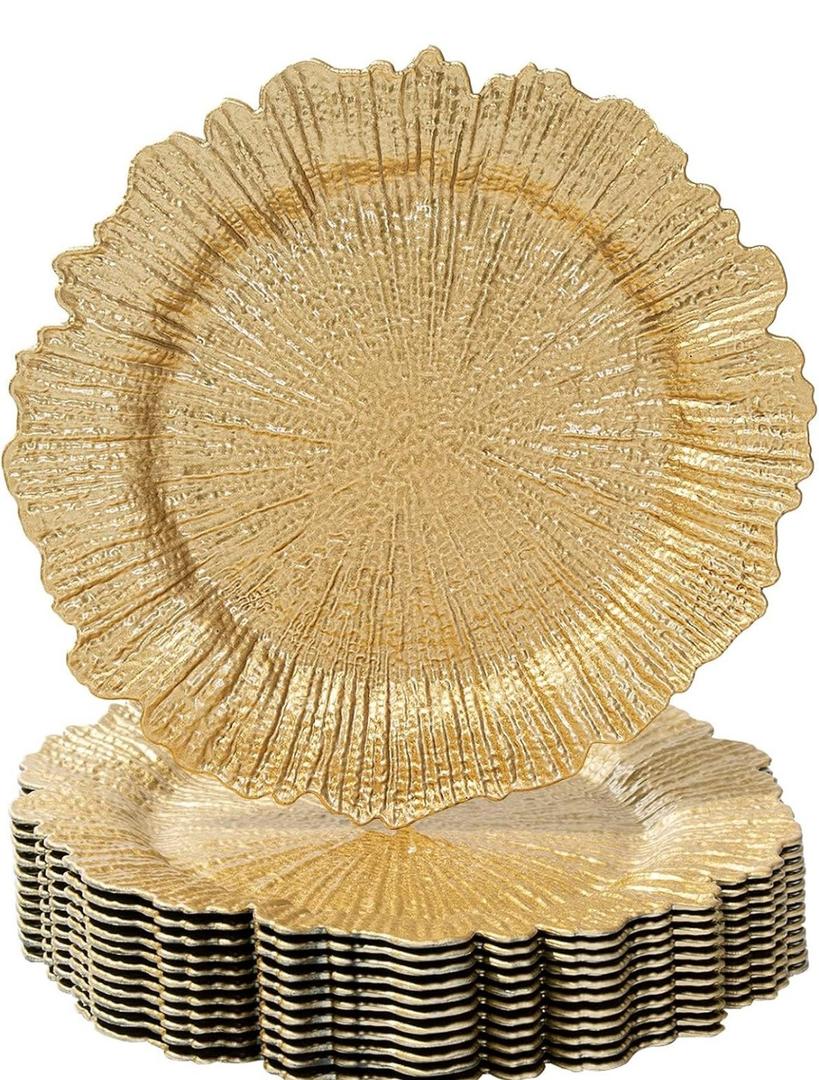 MAONAME Gold Charger Plates Set of 12, Reef Plate Chargers for Dinner Plate, Round Plastic Table Chargers for Thanksgiving, Christmas, 13-inch