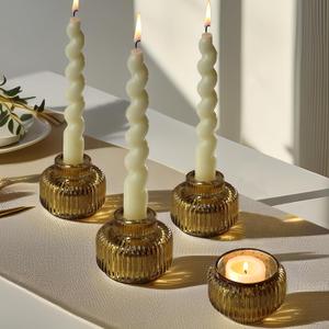 Kate Aspen Taper Candle Holders for Candlesticks, Ribbed Glass Gold Candle Holders Set of 4, Retro Candlestick Stand Decor, Votive Candle Holder Decor Accents for Holiday & Home Decoration Styling