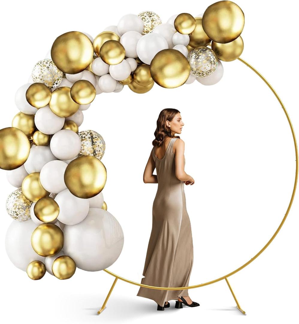 7.2Ft Round Backdrop Stand Circle Balloon Arch Frame Kit for Wedding Flower Ring Party Background Decoration (White/Gold)