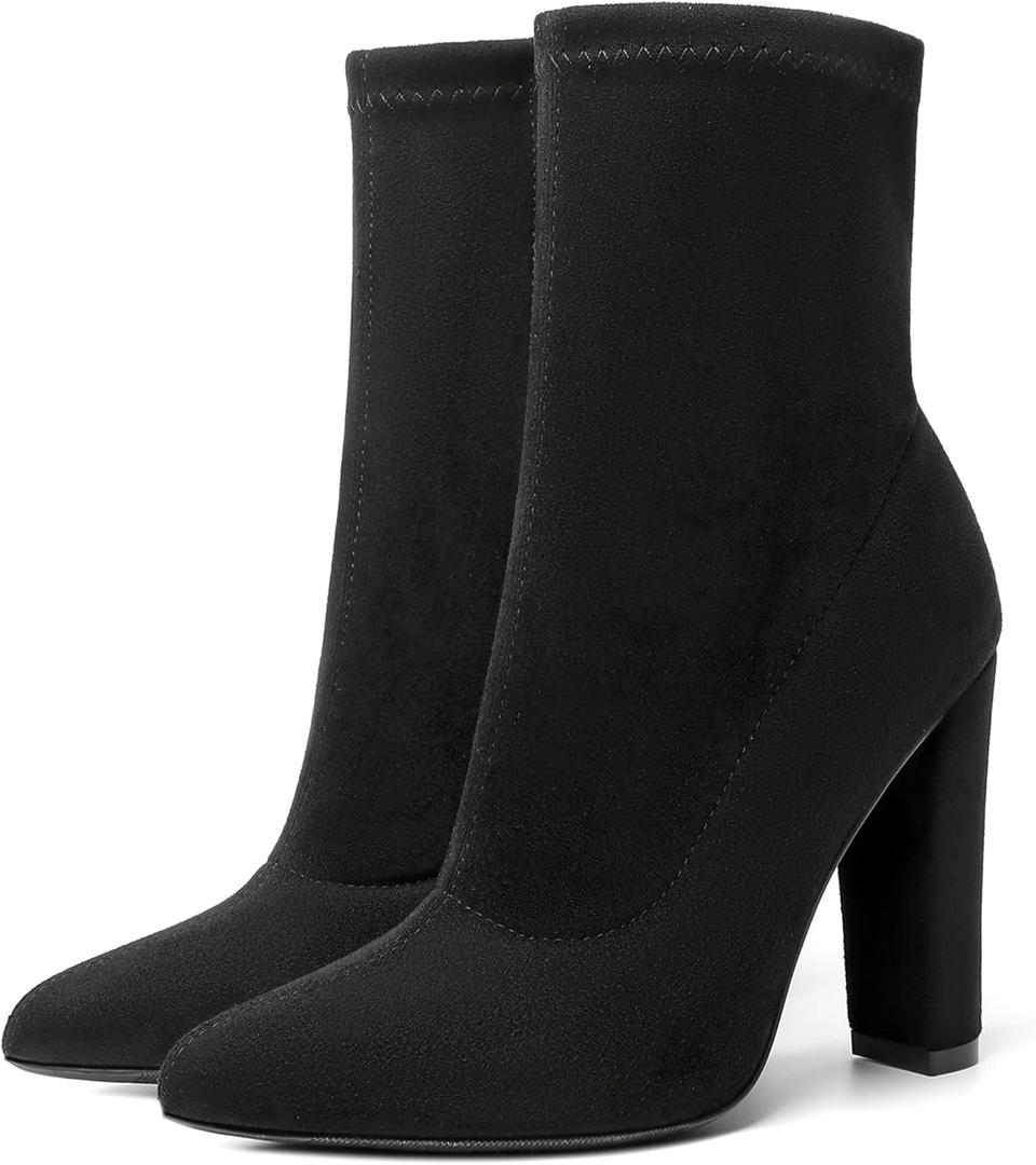 Risdoada Women's Sock Boots Chunky Heel Ankle Booties Elastic Suede Pointed Toe Fall Winter High Heeled Mid Calf Boots (10, Black)