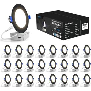 VOLISUN 24 Pack 4 inch Recessed Lighting, 5CCT LED Recessed Light Black, 2700K-5000K Selectable, 9.5W Eqv 80W, 810LM Dimmable Canless Wafer Downlight, LED Ceiling Light ETL Certificated