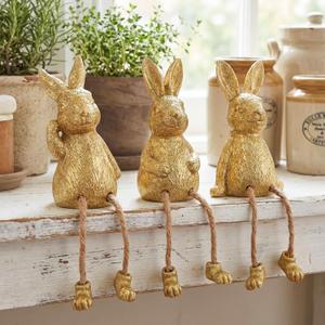 Yookeer 3 Pcs Shelf Sitters with Dangling Legs, 7 Inch Little Resin Gold Rabbit Figurines, Decorative Bunnies for Home Decor Office Desk Table Decor, Gift for Mothers, Teachers, Friends
