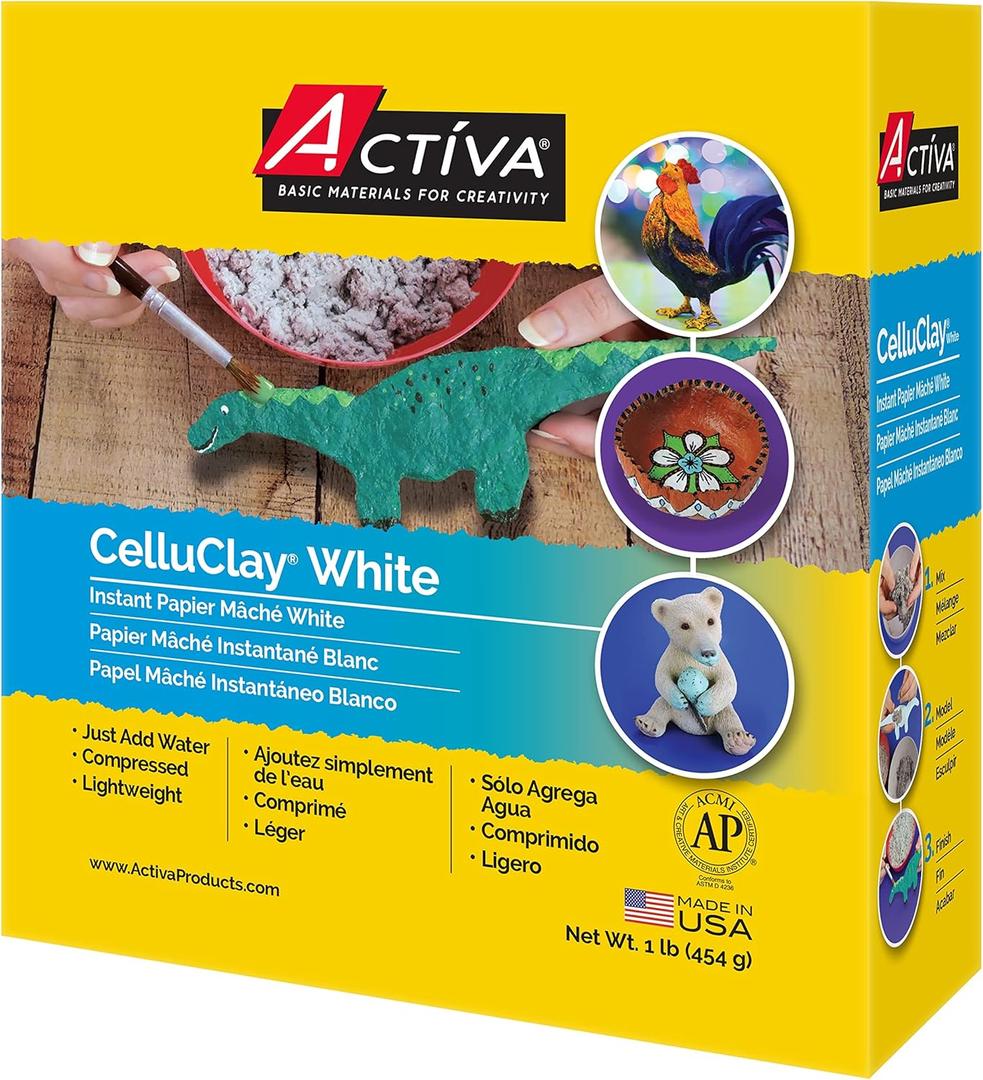 Activa CelluClay Instant Paper Mâché, White, 1lb (450g) | Super Fine Sculpting & Texturing Material for Arts & Crafts